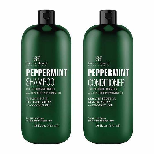 BOTANIC HEARTH Peppermint Oil Shampoo and Conditioner Set - Hair Blooming Formula with Keratin - Fights Hair Loss & Thinning, Promotes Hair Growth-Sulfate Free for Men and Women - 16 fl oz x 2