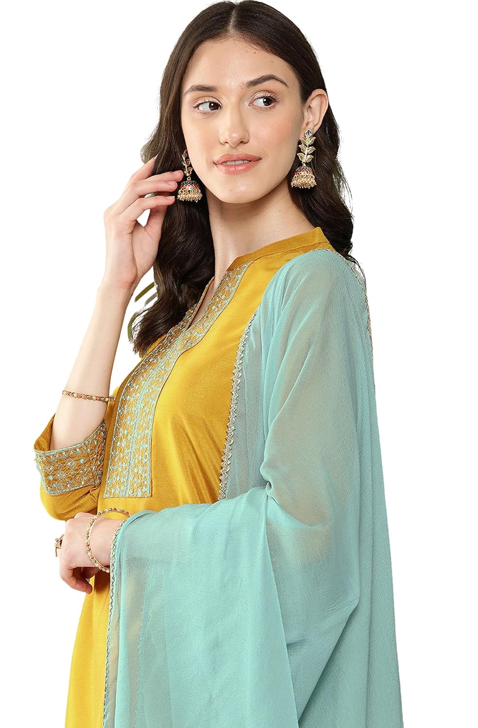 Janasya Women's Mustard Crepe Silk Embroidered Kurta with Pant and Dupatta