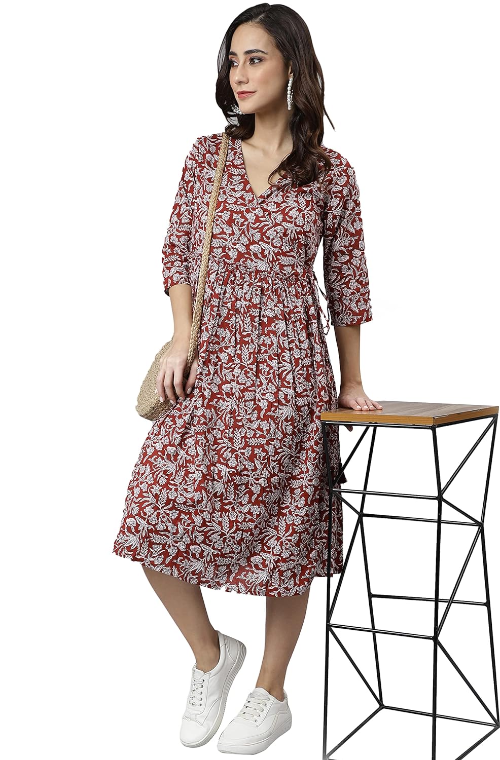 Janasya Women's Maroon Cotton Floral Print Angrakha Dress