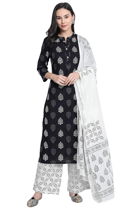 Janasya Women's Black Cotton Kurta With Palazzo and Dupatta