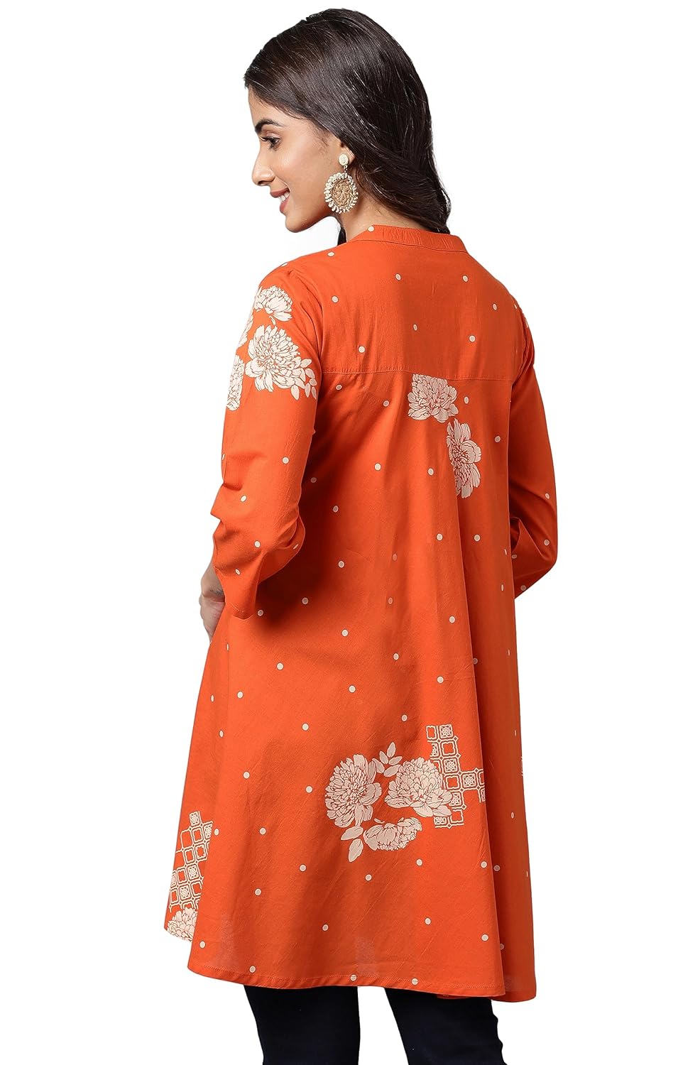 Janasya Women's Orange Cotton Floral Printed Flared Tunic