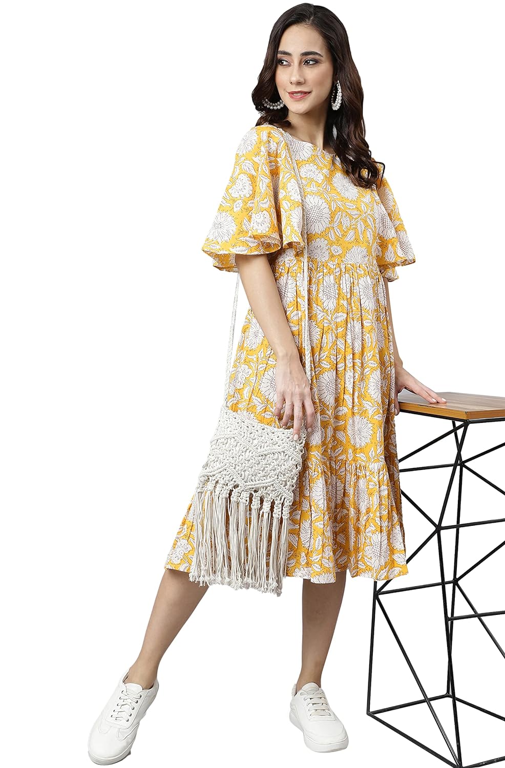 Janasya Women's Yellow Cotton Floral Print Midi Dress