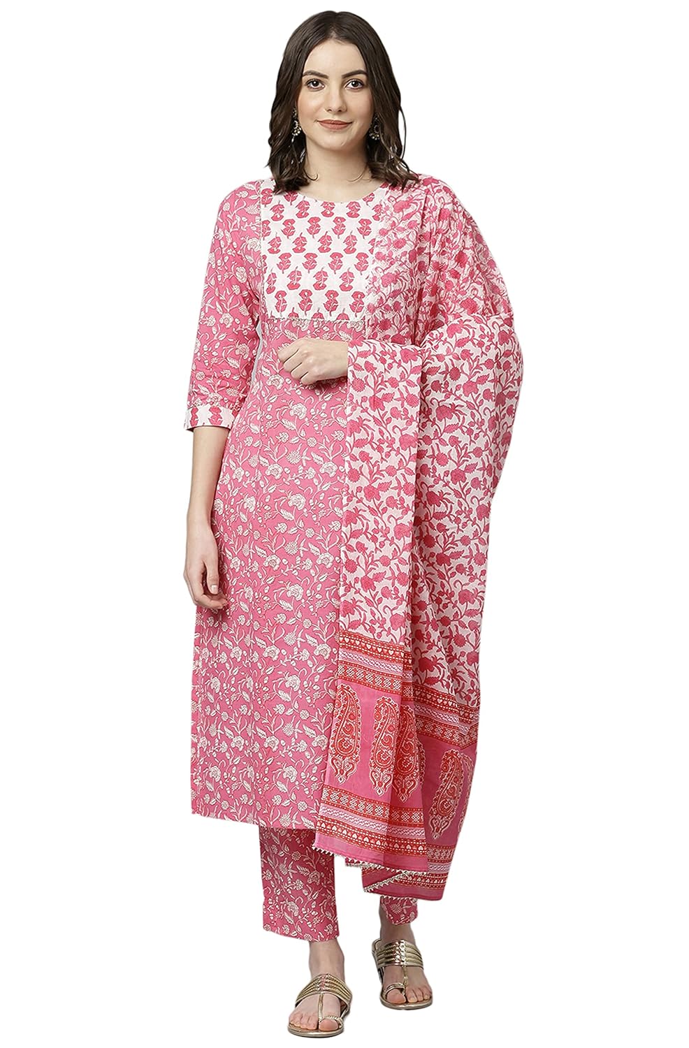 Janasya Women's Pink Cotton Kurta with Pant and Dupatta