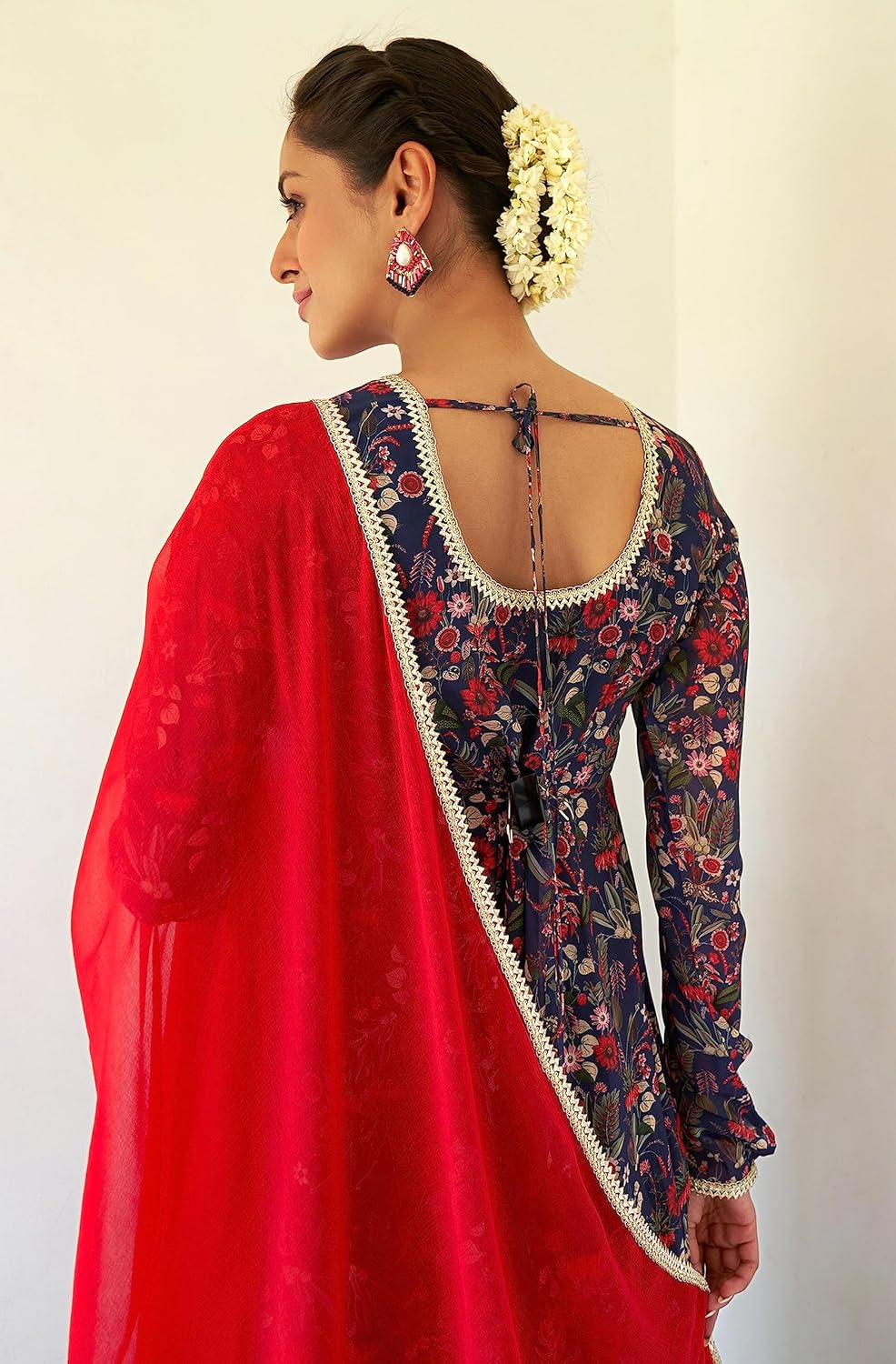 Janasya Women's Dark Blue Georgette Digital Floral Printed Kurta with Palazzo and Dupatta