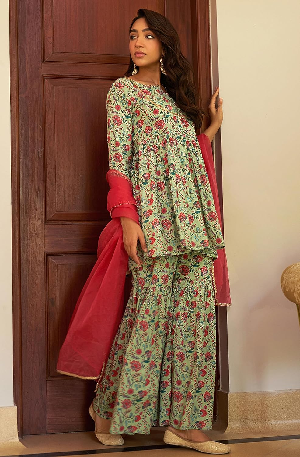 Janasya Women's Light Green Cotton Floral Printed Kurta with Sharara and Dupatta