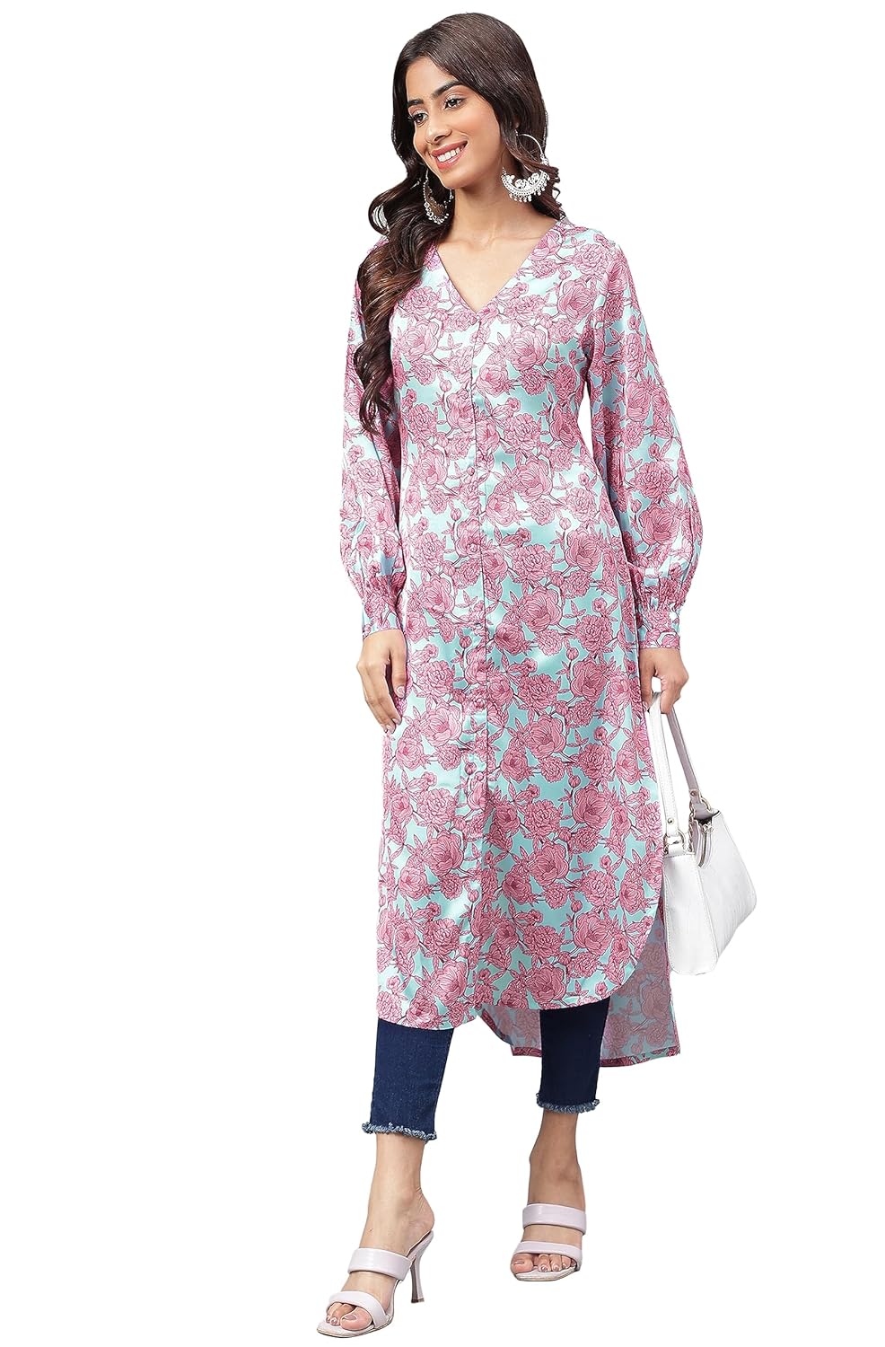 Janasya Women's Sea Green Satin Digital Floral Printed Gathered Kurta