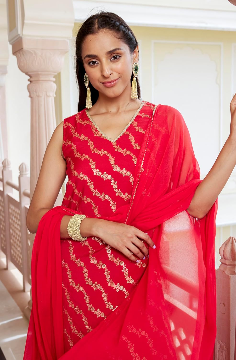 Janasya Women's Red Brocade Woven Design Kurta with Pant and Dupatta