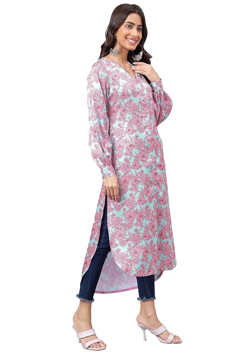 Janasya Women's Sea Green Satin Digital Floral Printed Gathered Kurta