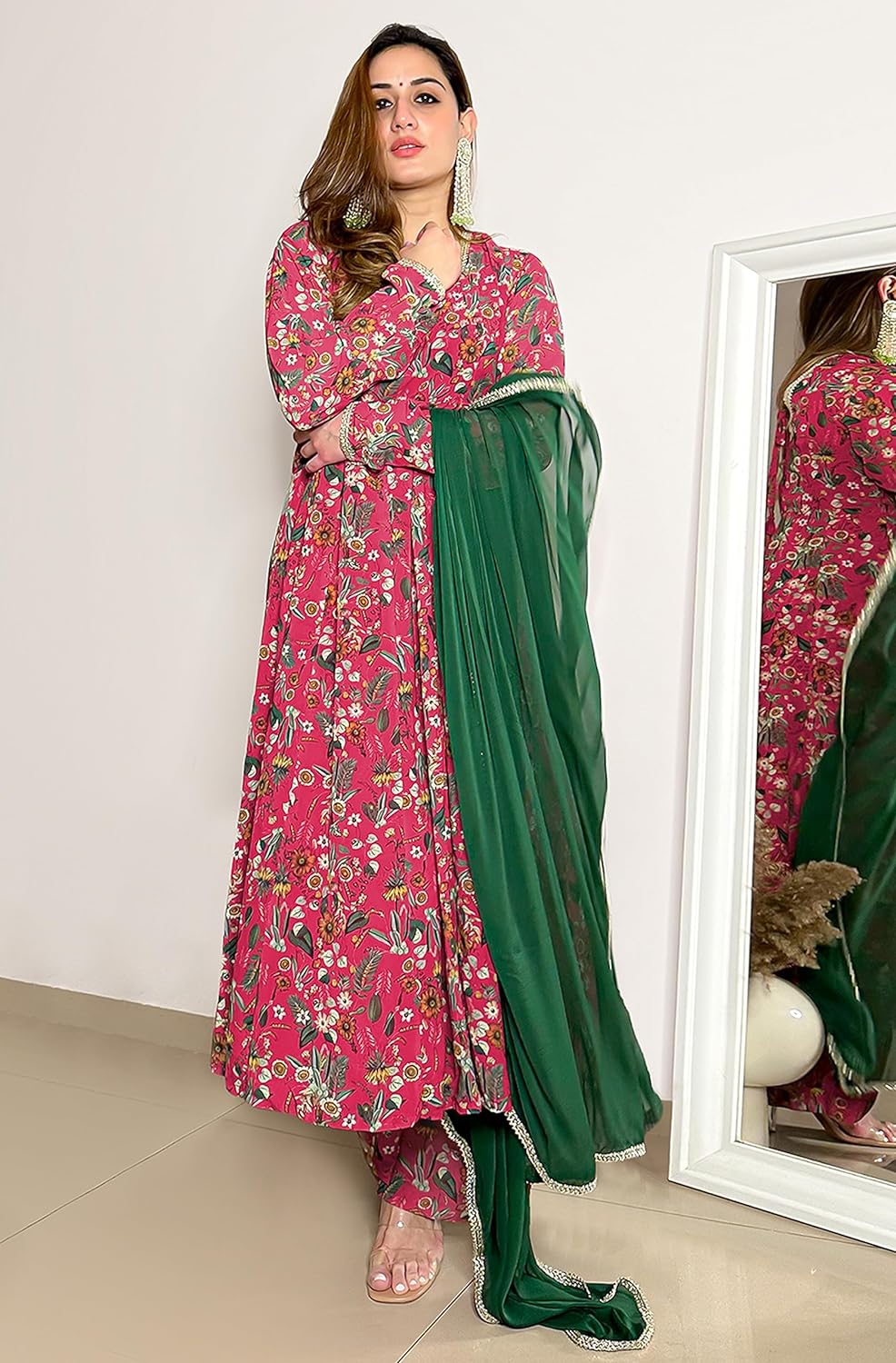 Janasya Women's Georgette Digital Floral Printed Embellished Kurta Set Pink