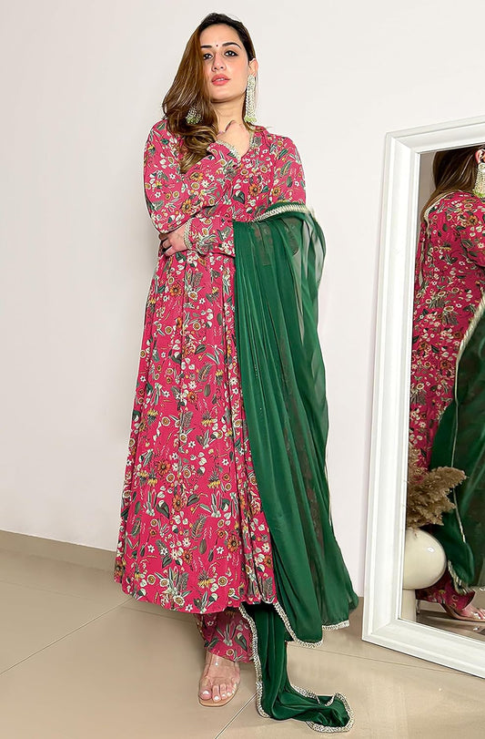 Janasya Women's Georgette Digital Floral Printed Embellished Kurta Set Pink