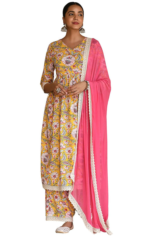 Janasya Women's Yellow Cotton Floral Print Kurta with Palazzo and Dupatta