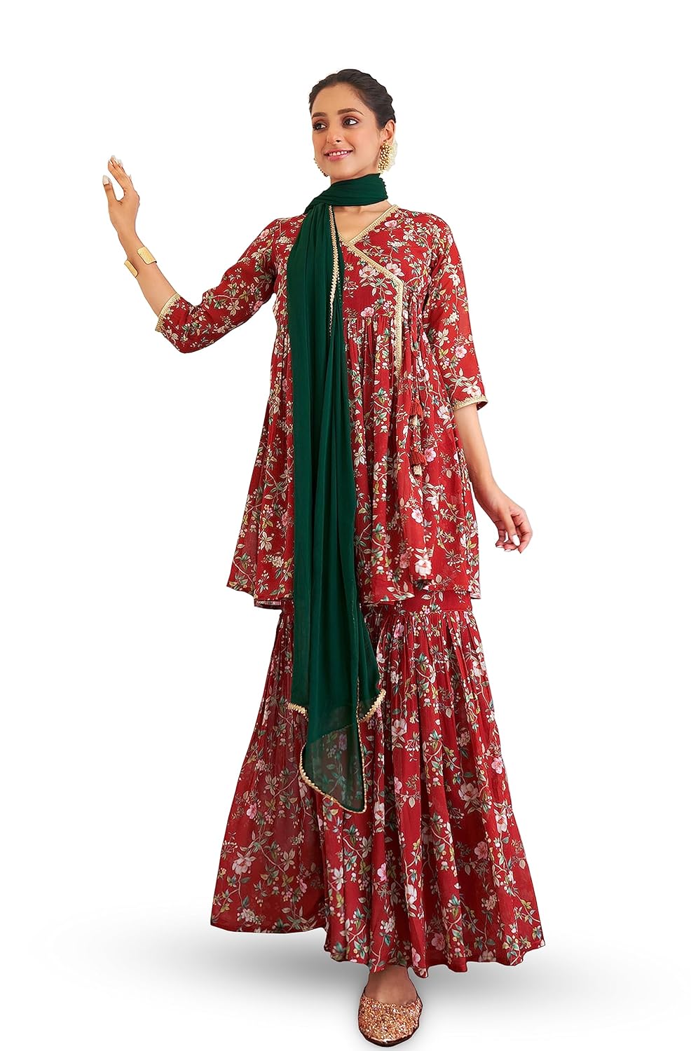 Janasya Women's Maroon Georgette Digital Floral Printed Short Angrakha Kurta with Sharara and Dupatta