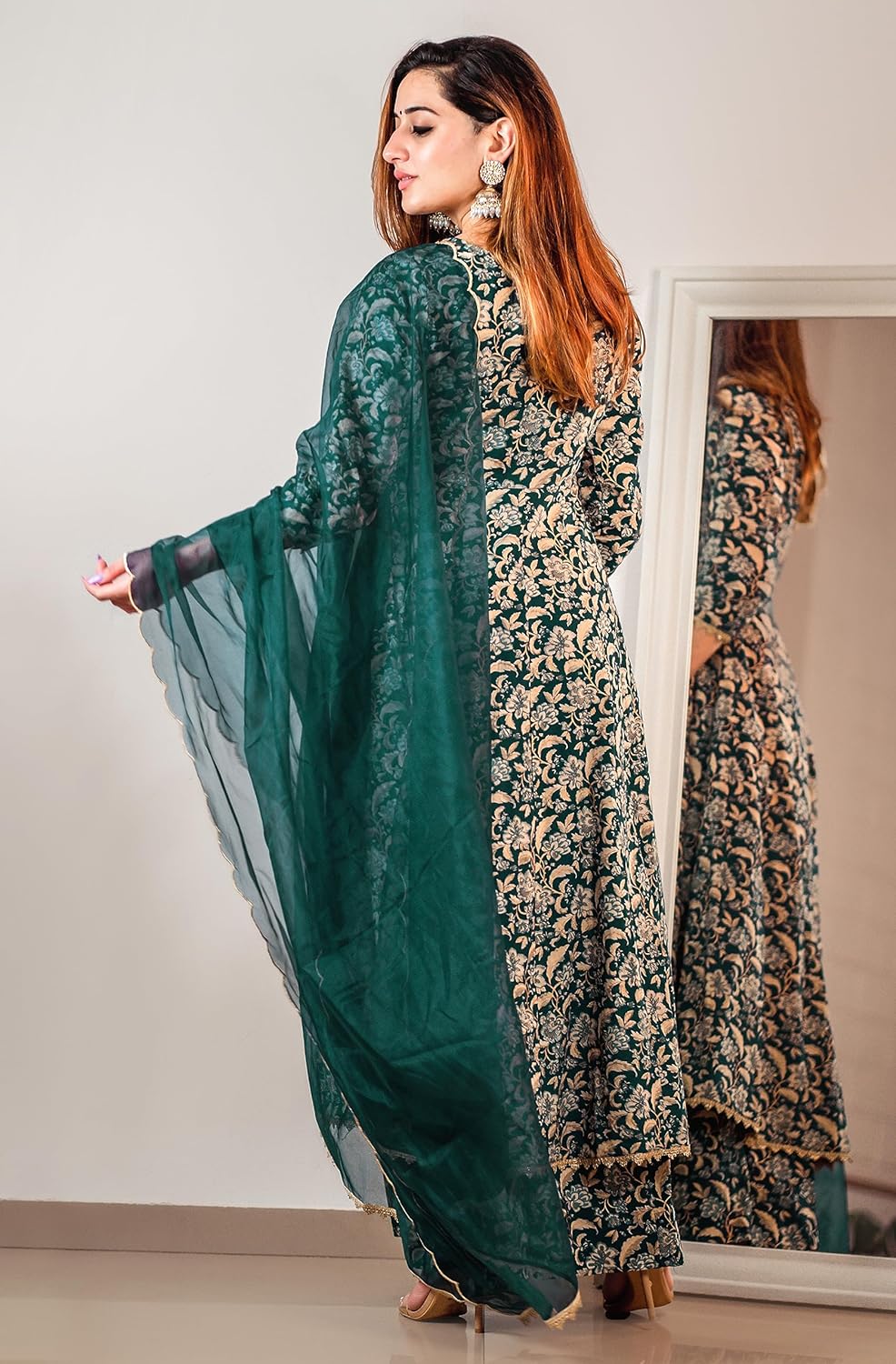 Janasya Women's Teal Cotton Foil Floral Printed Kurta with Palazzo and Dupatta