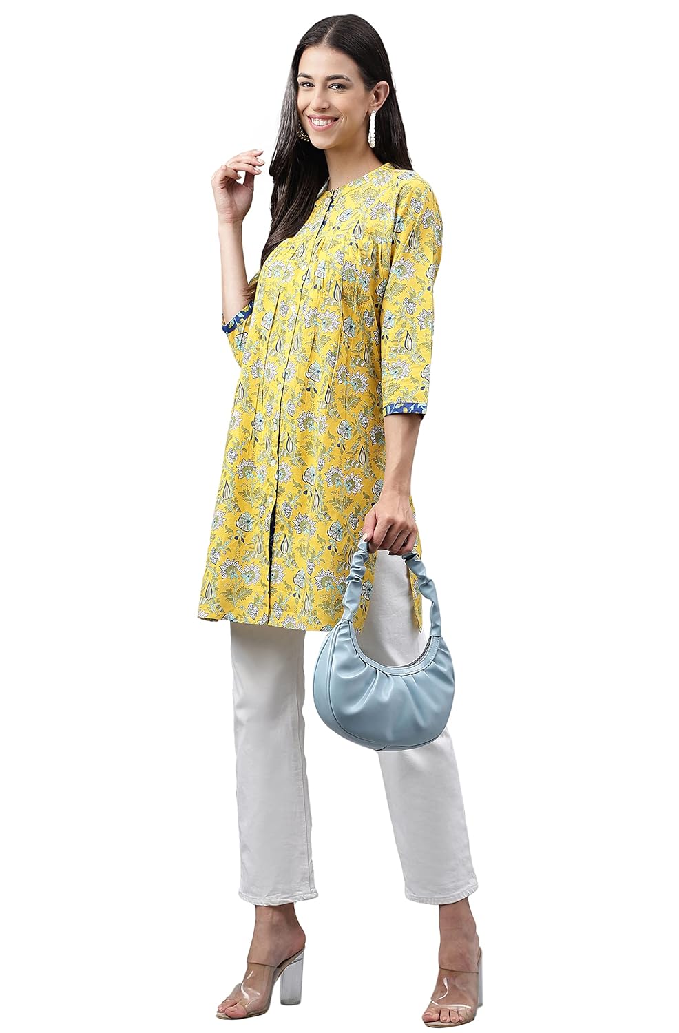 Janasya Women's Yellow Cotton Floral Print Empire Tunic