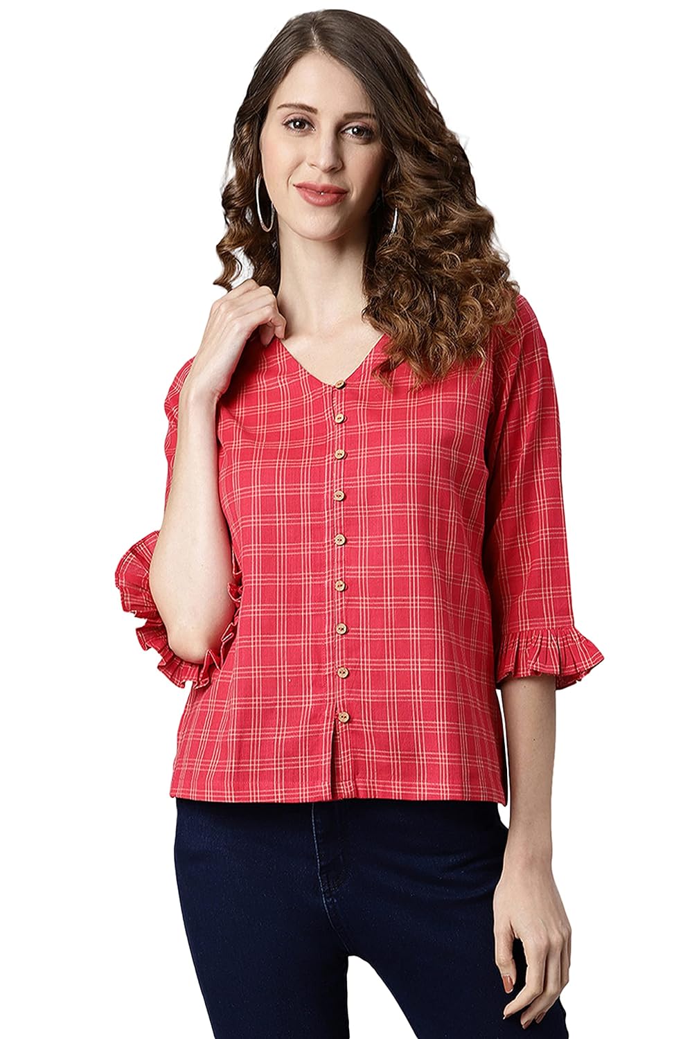 Janasya Women's Red Cotton Checkered Regular Top