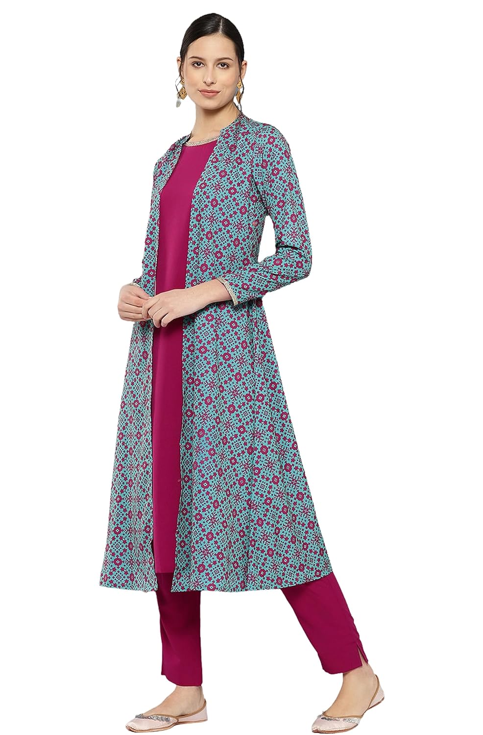 Janasya Women's Pink Crepe Digital Ethnic Printed Jacket Style Kurta with Pant