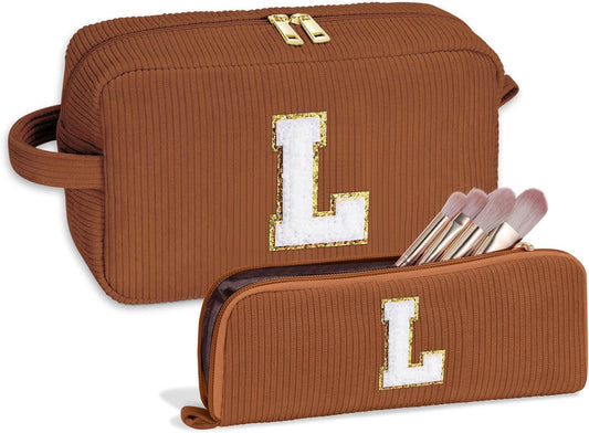 YOOLIFE 2 Pieces Personalized Gifts - Girlfriend Gifts Initial Makeup Bags for Women Cosmetic Bag with Brush Pouch Small Makeup Bag Unique Girlfriend Aunt Best Friend Birthday Gifts for Women Letter L