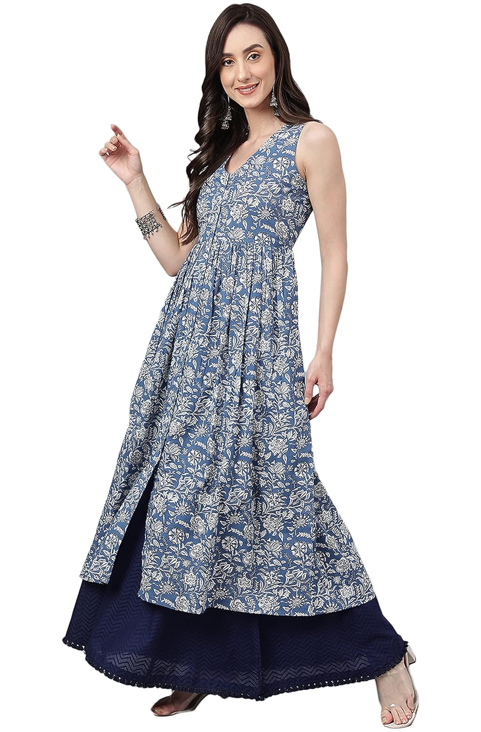 Janasya Women's Blue Cotton Floral Print Flared Kurta