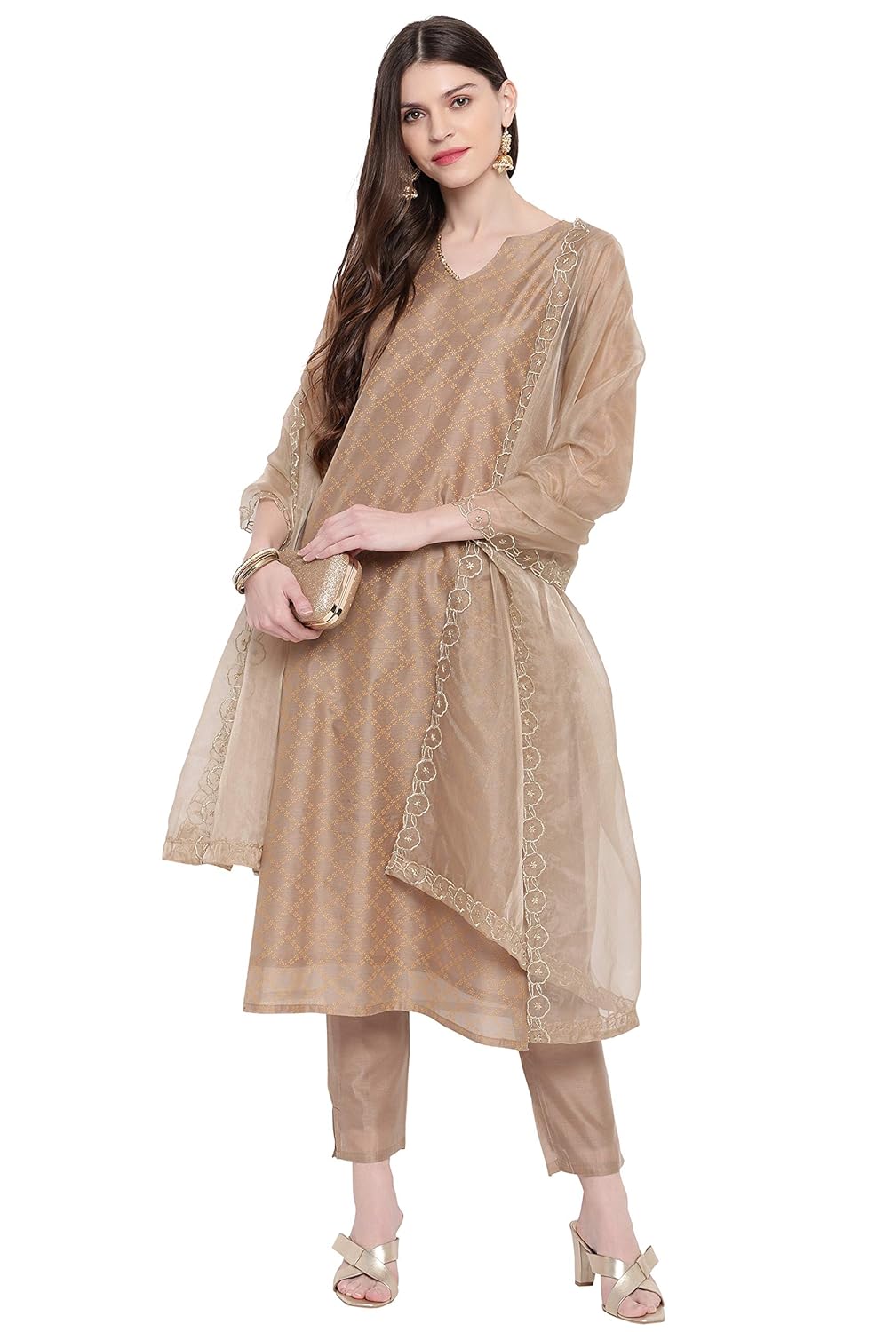 Janasya Women's Light Brown Poly Chanderi Kurta With Pant and Dupatta