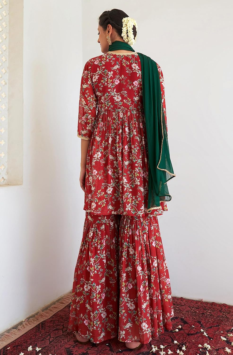 Janasya Women's Maroon Georgette Digital Floral Printed Short Angrakha Kurta with Sharara and Dupatta