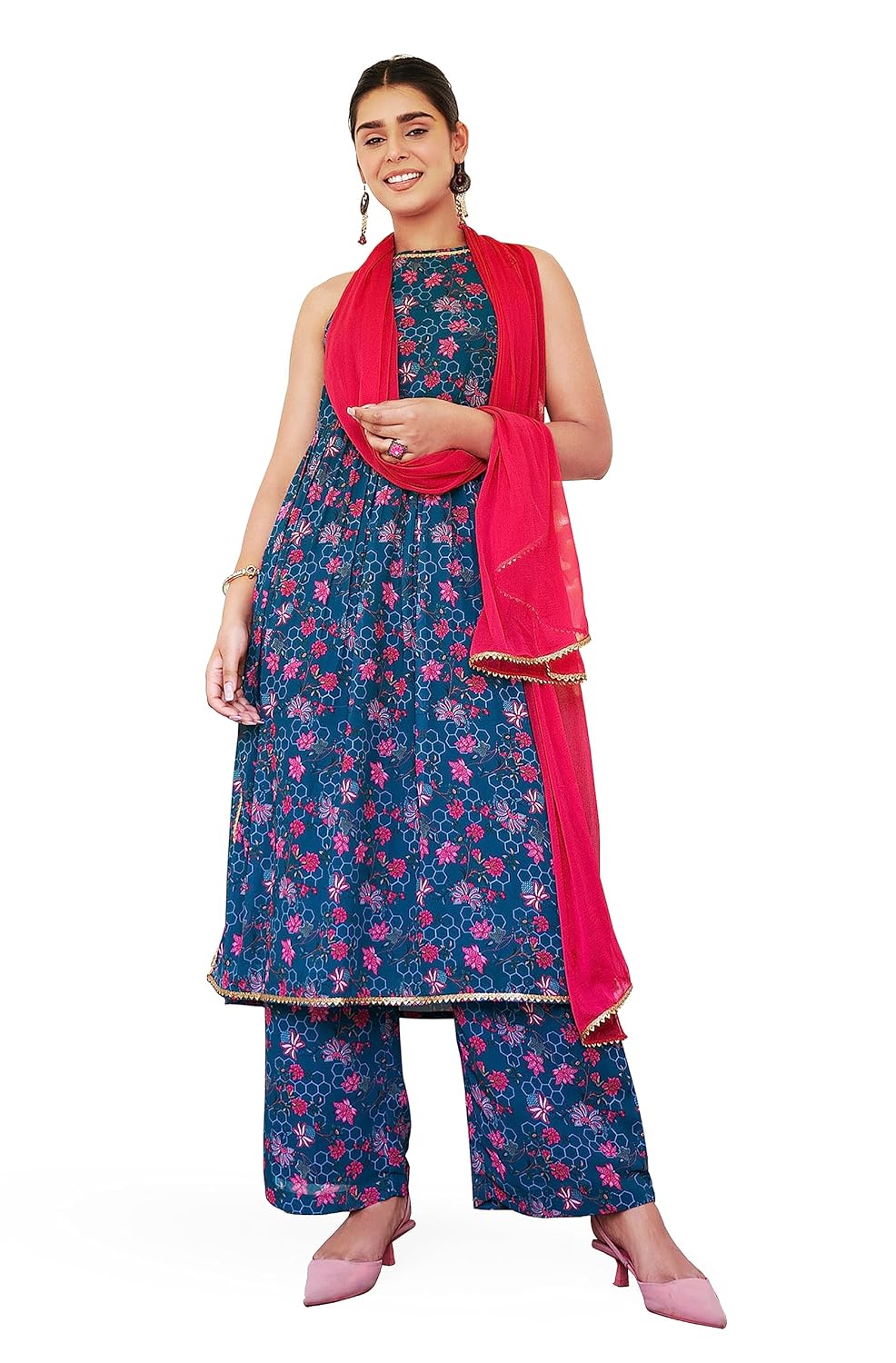 Janasya Women's Georgette Digital Floral Printed Embellished Kurta Set Teal