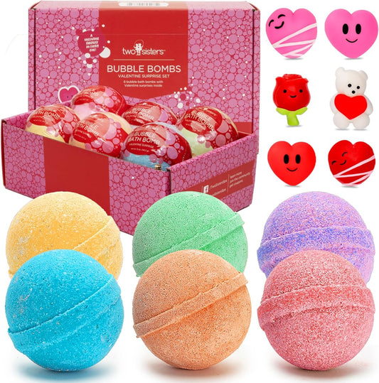 Valentines Bath Bombs for Kids with Surprise Toy Inside, Lovely Holiday Scents, USA Made, Kids Safe Ingredients, Won't Stain Tub, 6 Holiday Bath Bomb for Kids Bubble Bath by Two Sisters