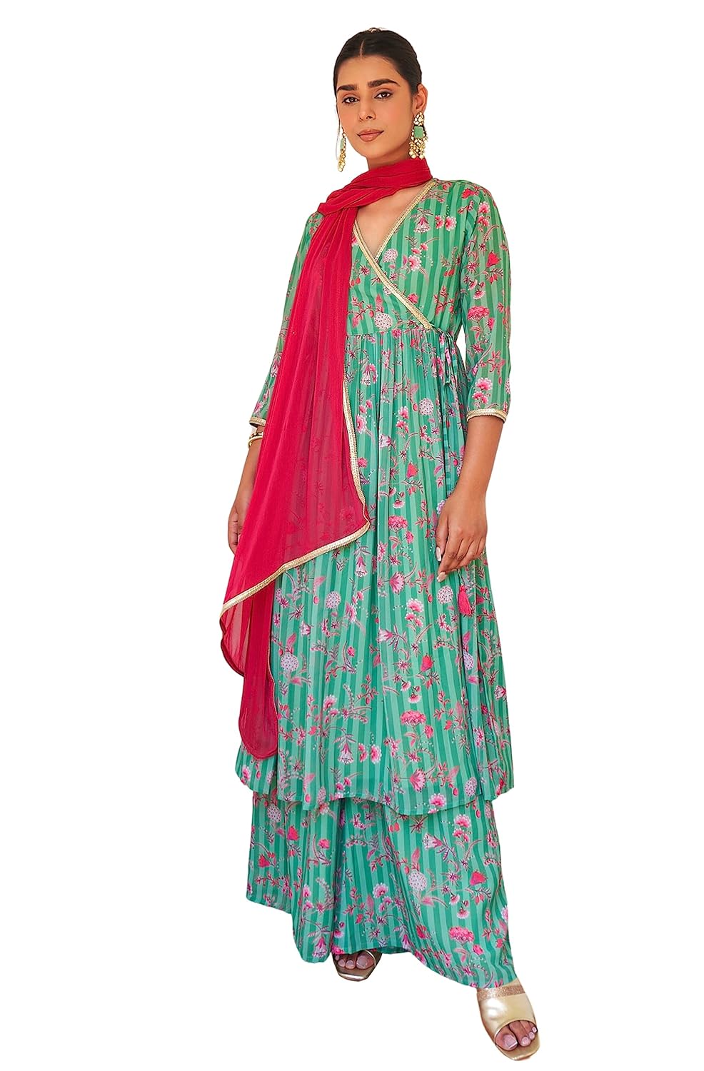 Janasya Women's Georgette Digital Floral Printed Embellished Kurta Set Green