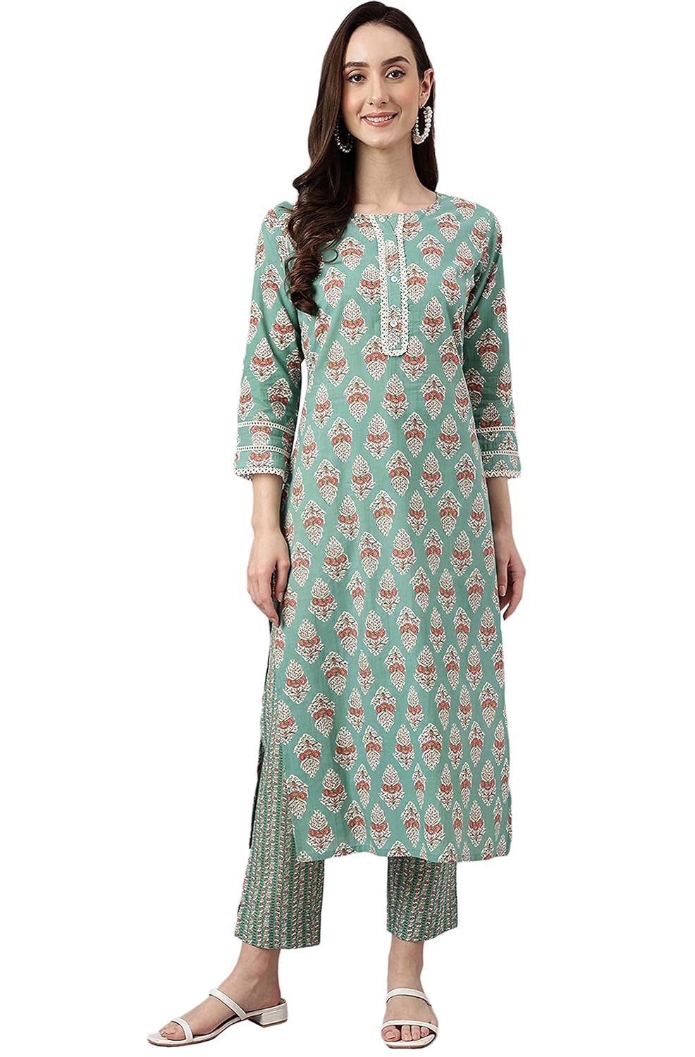 Janasya Women's Mint Green Cotton Floral Print Kurta with Pant - S