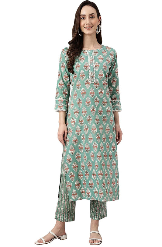 Janasya Women's Mint Green Cotton Floral Print Kurta with Pant - S