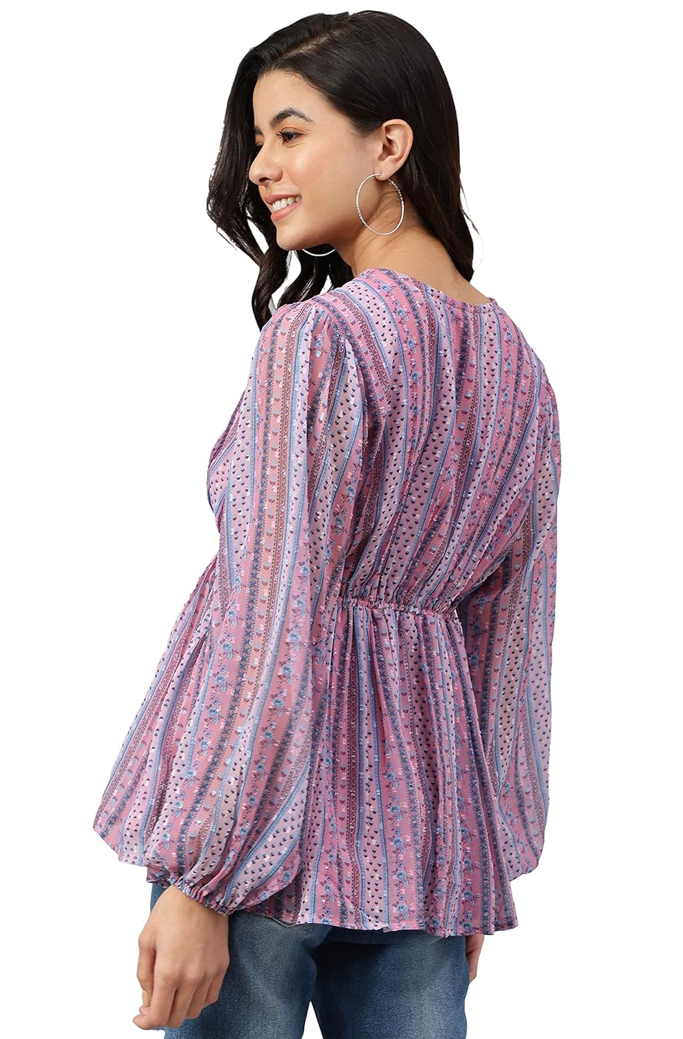 Janasya Women's Pink Dobby Georgette Digital Print Peplum Top