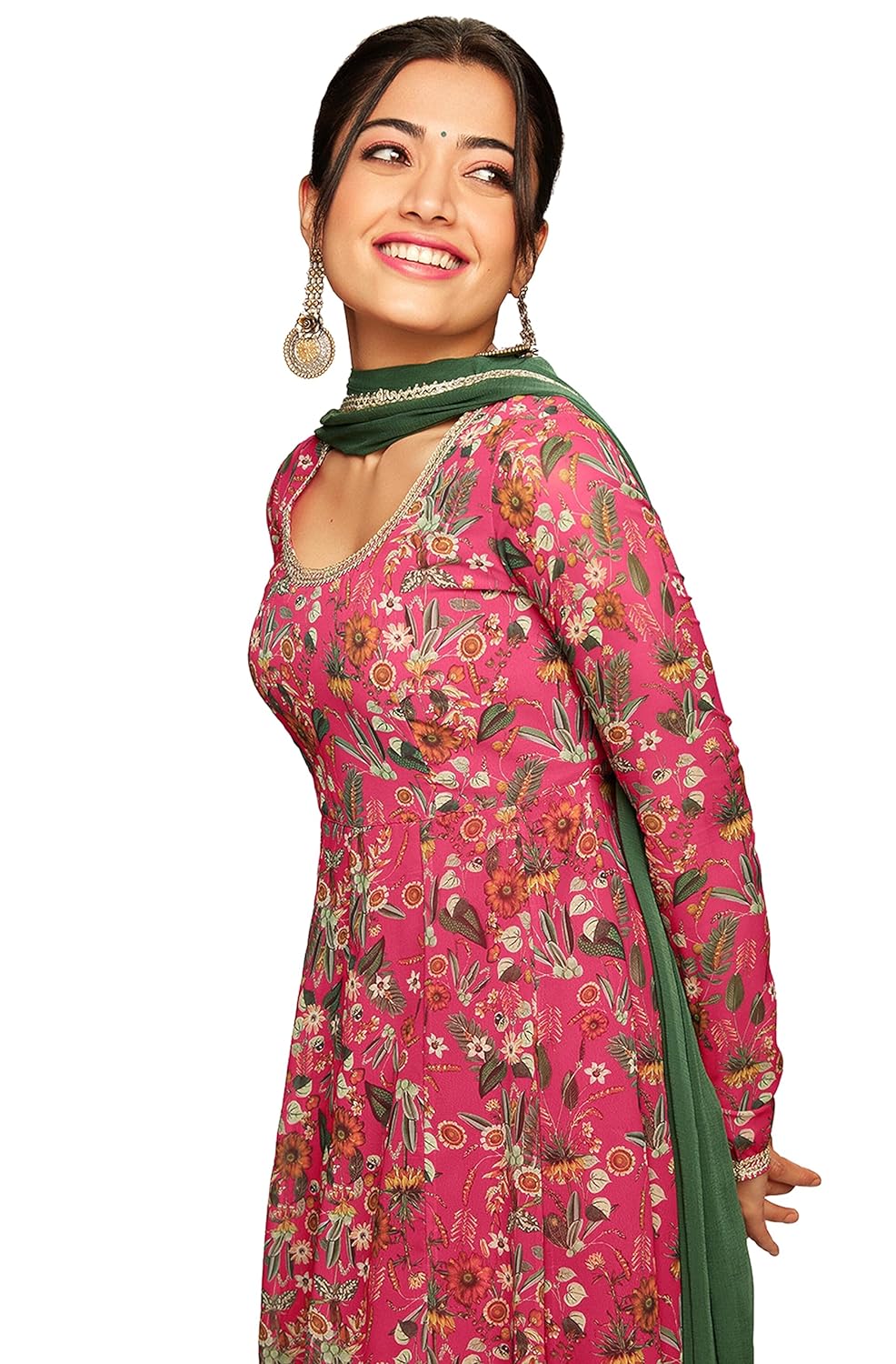 Janasya Women's Georgette Digital Floral Printed Embellished Kurta Set Pink