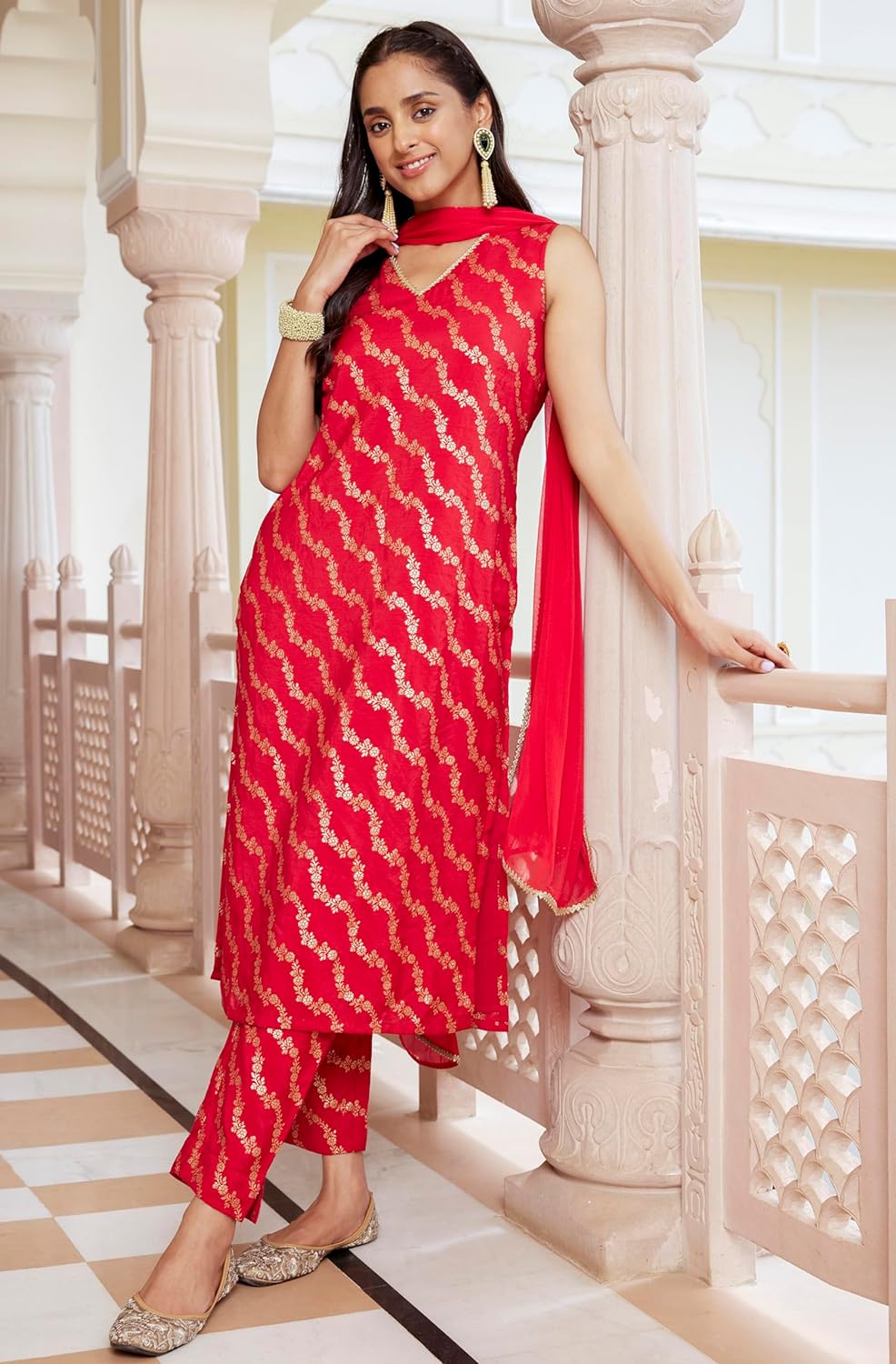 Janasya Women's Red Brocade Woven Design Kurta with Pant and Dupatta