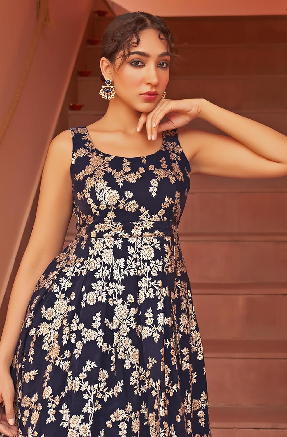 Janasya Women's Navy Blue Brocade Woven Design Flared Dress