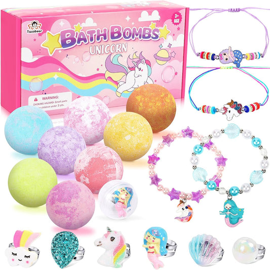 Bath Bombs for Kids with Surprise Inside, 8 Pack Bath Bomb Gift Set with Unicorn Mermaid Rings Bracelets, Handmade Bubble Spa Bath Fizzies Set with Jewelry for Girls Christmas Gift