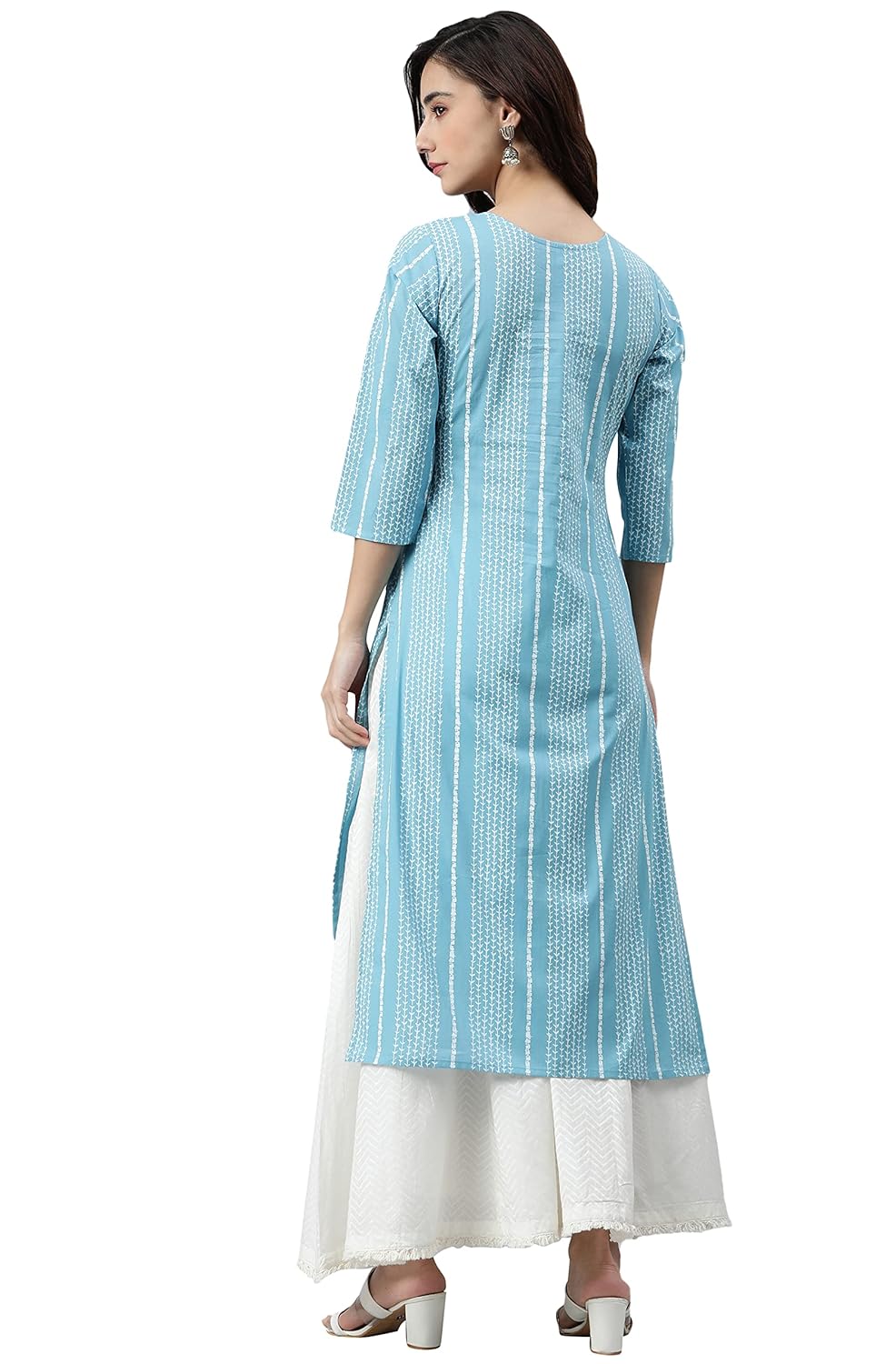 Janasya Women's Blue Cotton Striped Straight Kurta