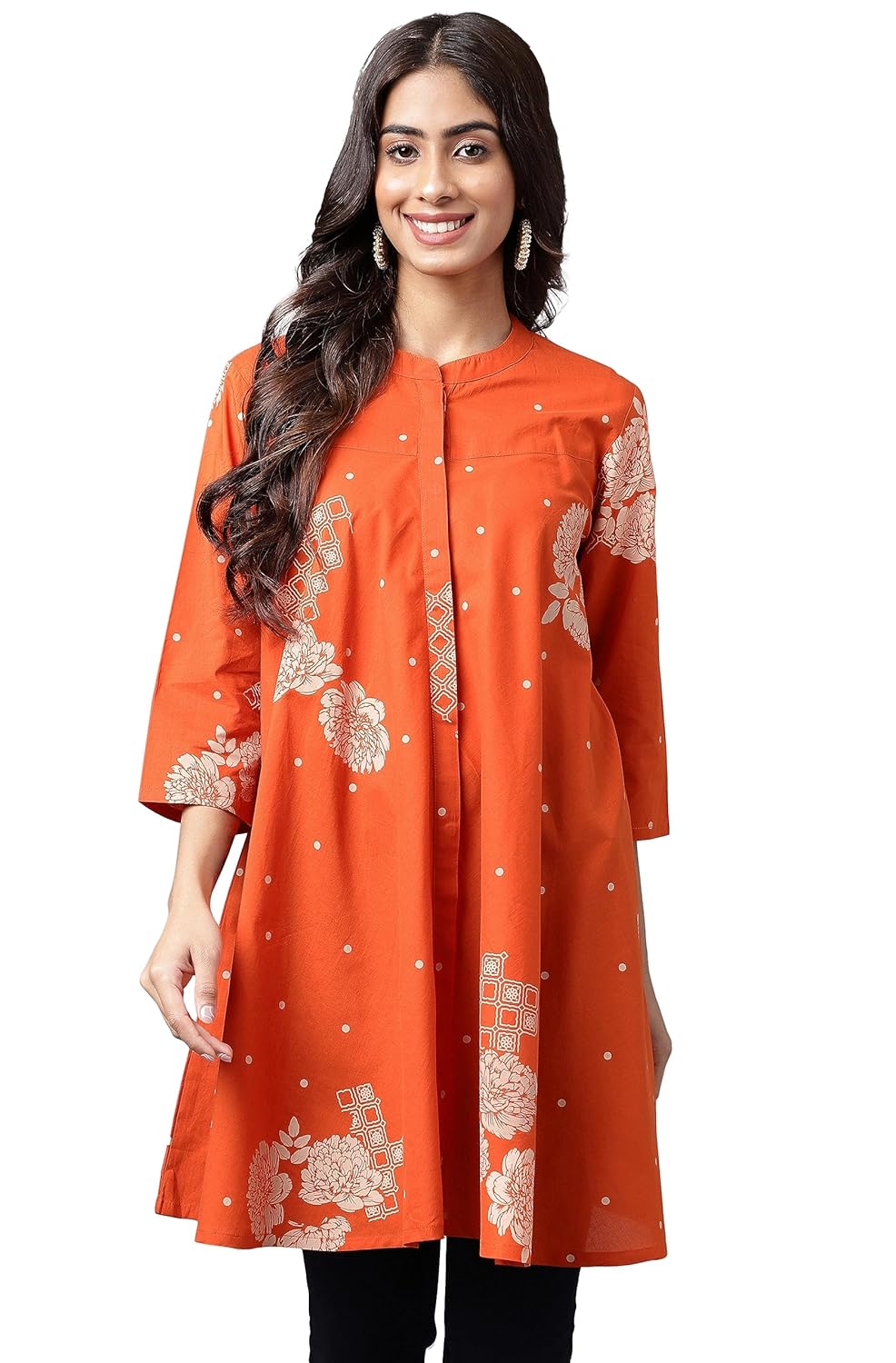 Janasya Women's Orange Cotton Floral Printed Flared Tunic