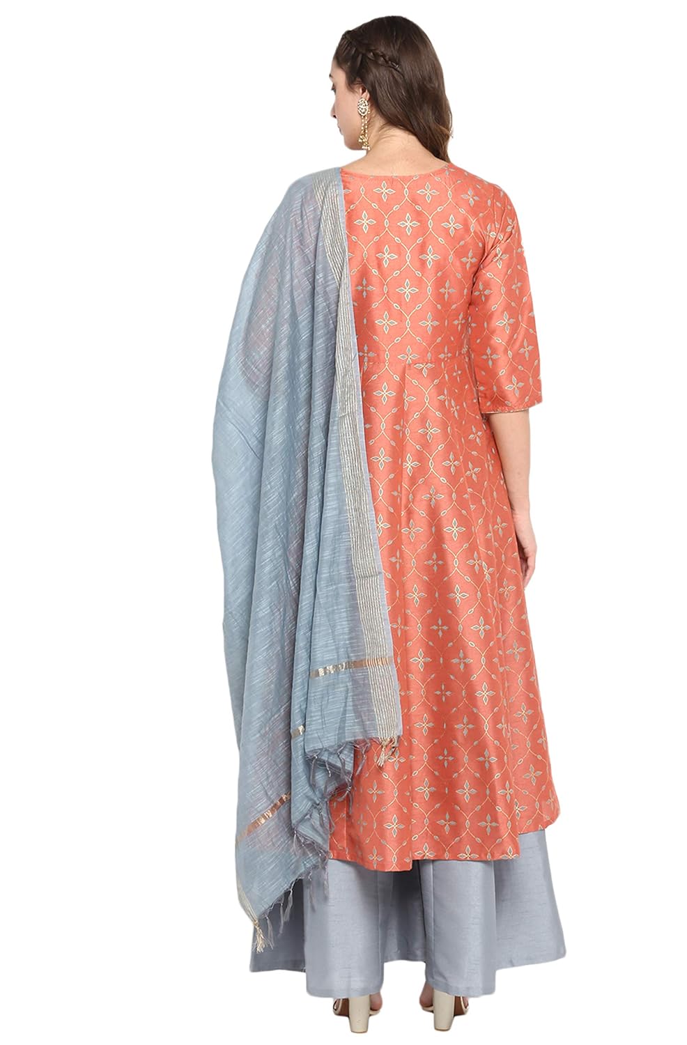 Janasya Women's Peach Poly Silk Foil Printed Kurta with Palazzo and Dupatta