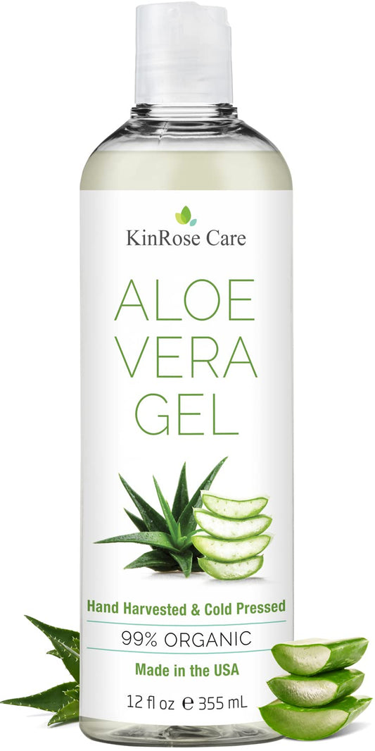 KinRose 12oz Organic Aloe Vera Gel for Face, Skin, Hair & Sunburn Relief - From 100 Percent Pure Aloe Vera - Cold Pressed, Vegan, Unscented - Made in USA.