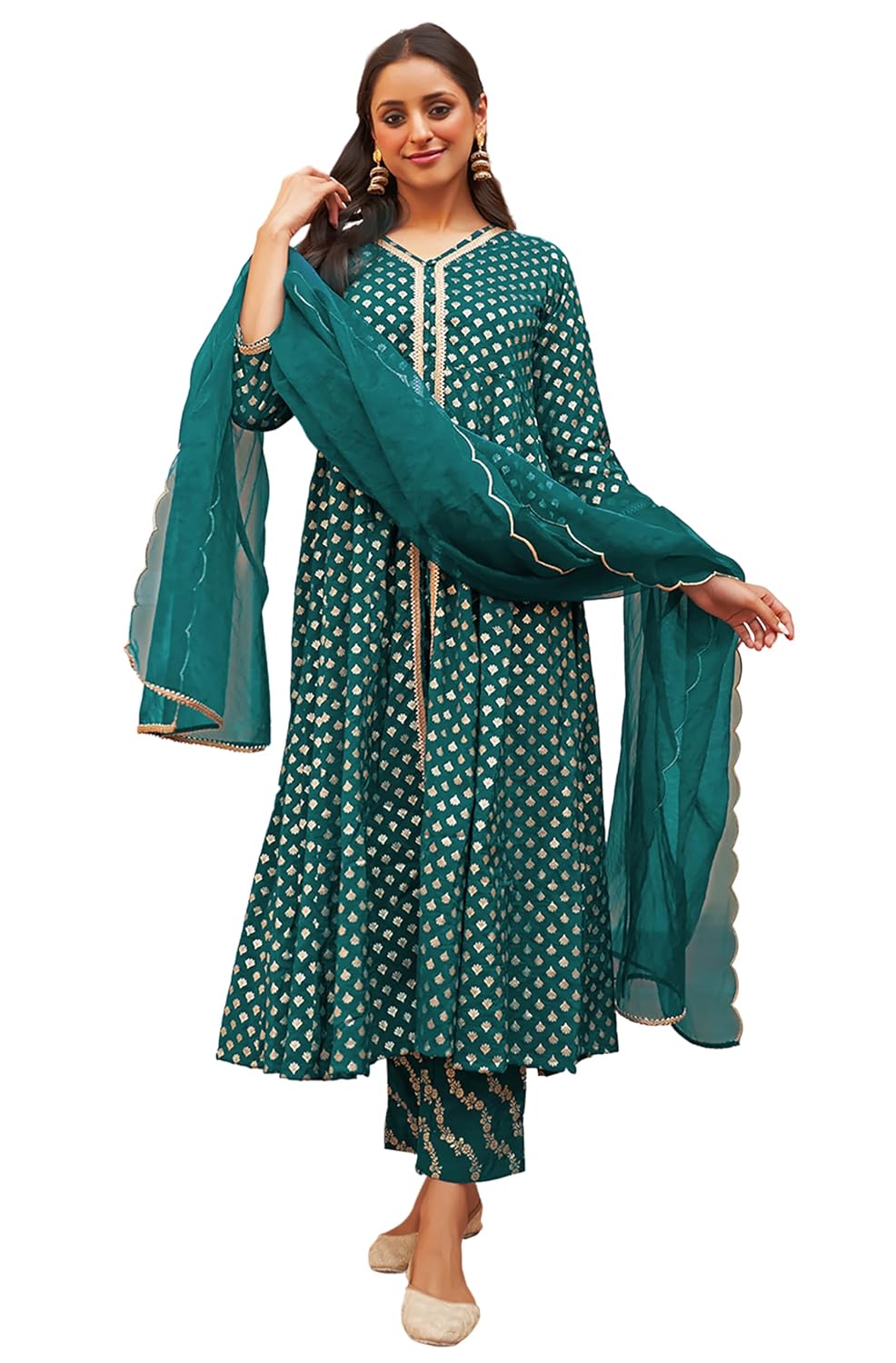 Janasya Women's Teal Brocade Woven Design Kurta with Pant and Dupatta