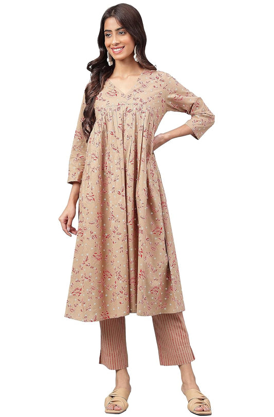 Janasya Women's Brown Cotton Floral Printed Kurta with Pant