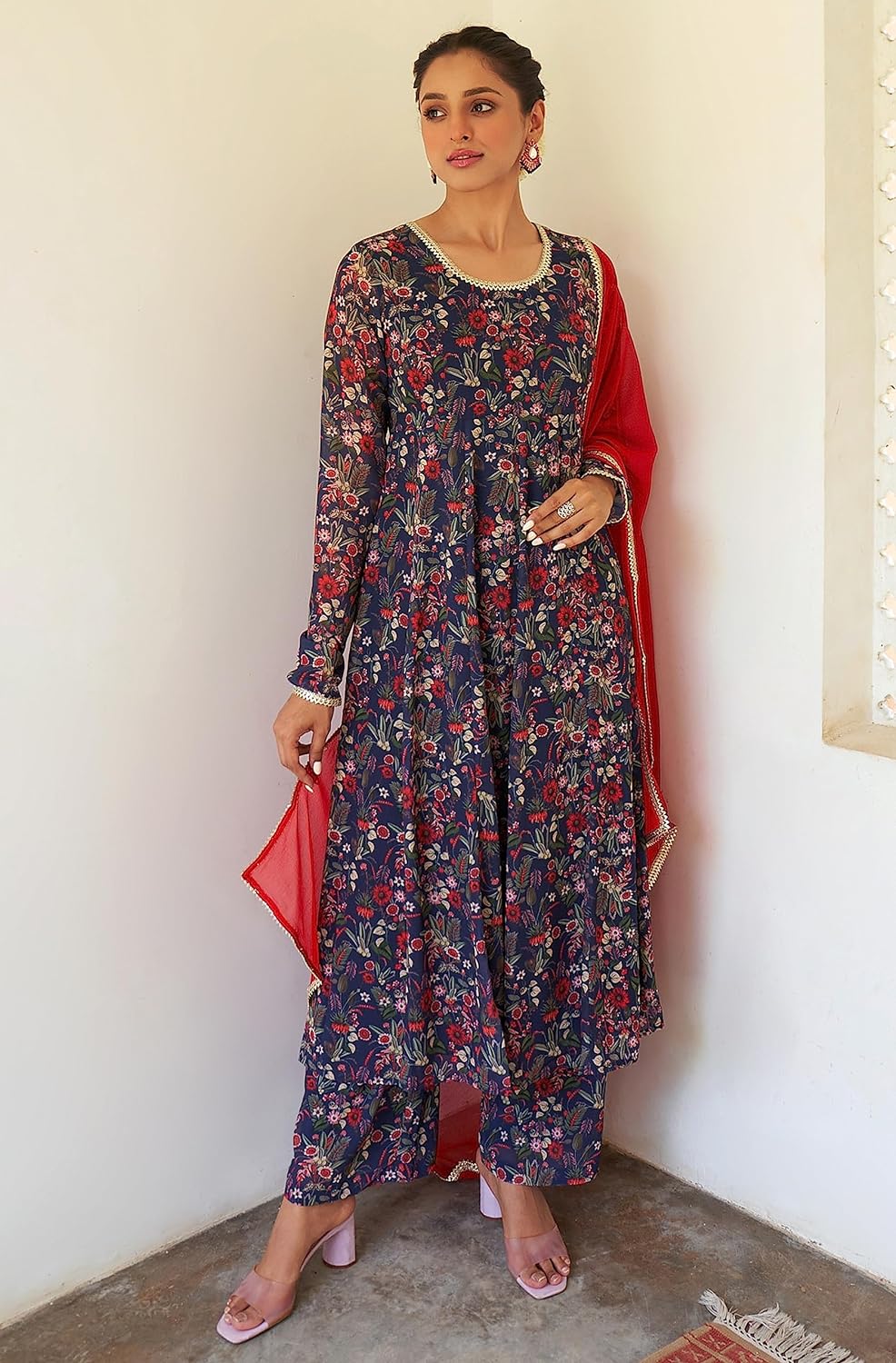 Janasya Women's Dark Blue Georgette Digital Floral Printed Kurta with Palazzo and Dupatta