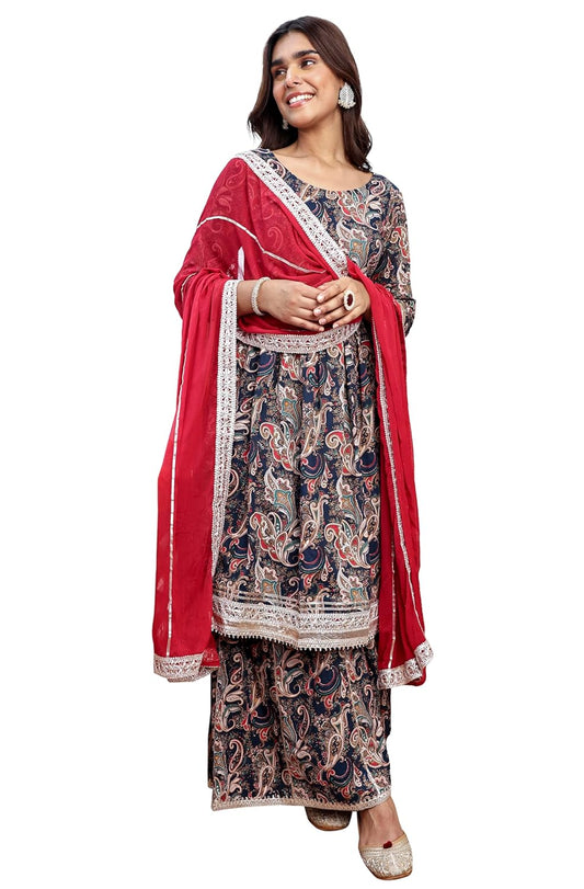 Janasya Women's Navy Blue Cotton Ethnic Printed Kurta with Flared Palazzo and Dupatta