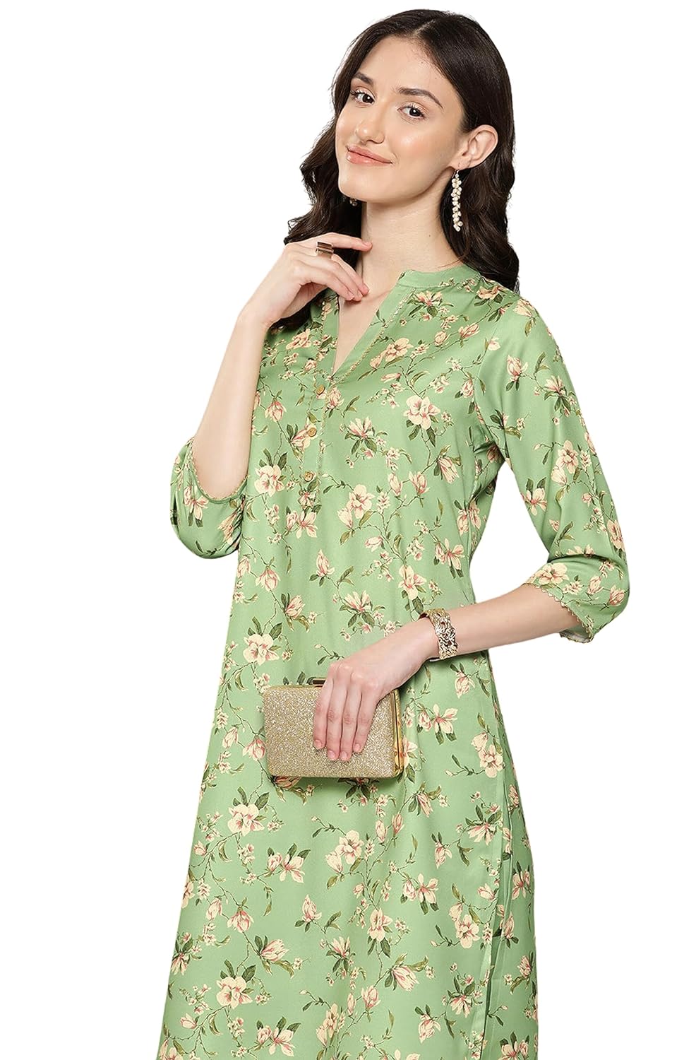 Janasya Women's Green Moss Digital Floral Printed Co-ords Set