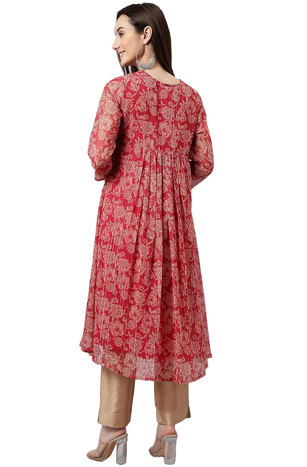 Janasya Women's Dark Pink Chiffon Lurex Floral Printed Flared Kurta