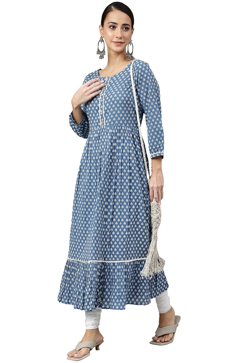 Janasya Women's Blue Cotton Ethnic Motifs Flared Kurta