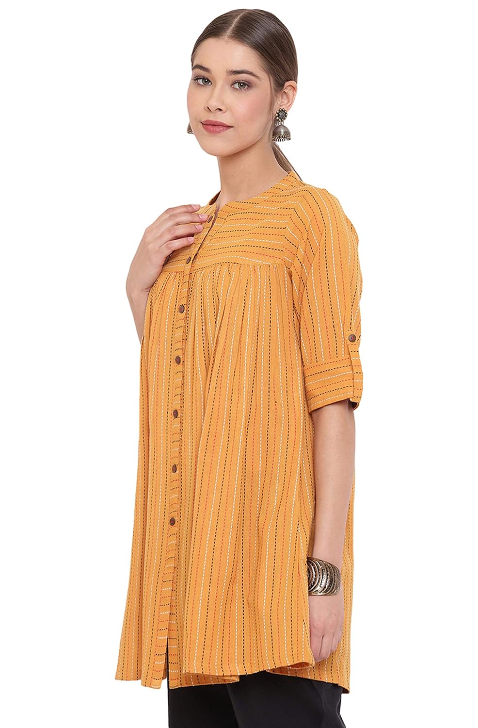Janasya Women's Mustard Weaved Cotton Tunic Mustard