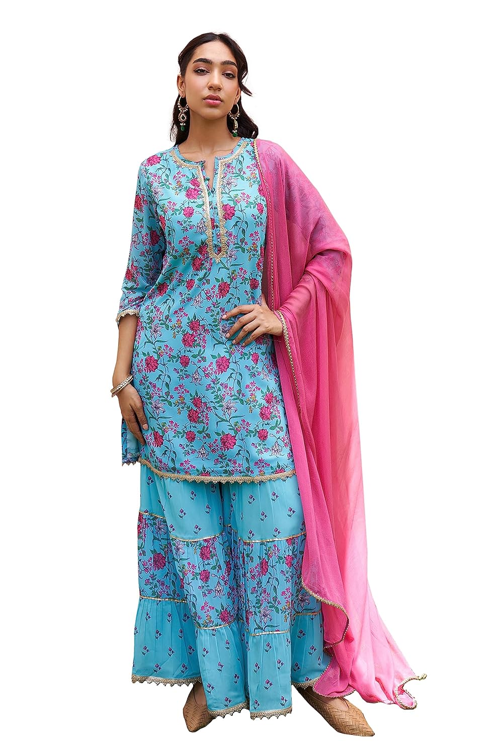Janasya Women's Georgette Digital Floral Printed Embellished Kurta Set Sky Blue