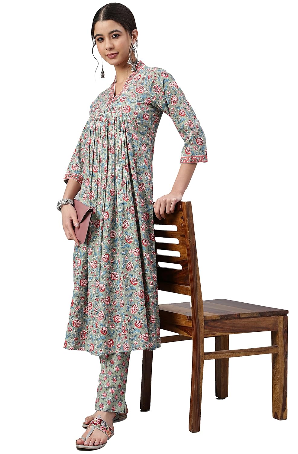 Janasya Women's Sea Green Cotton Floral Print Kurta with Pant