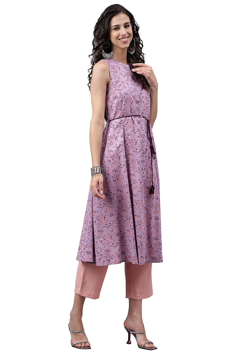 Janasya Women's Lavender Cotton Floral Printed A-Line Kurta