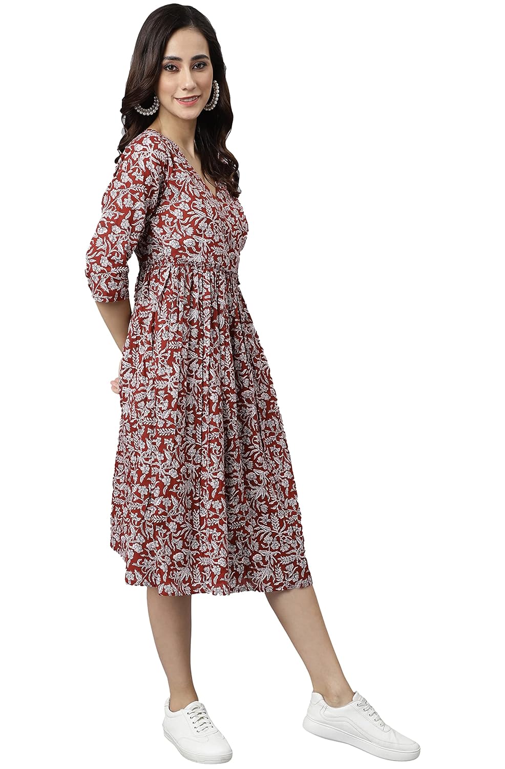 Janasya Women's Maroon Cotton Floral Print Angrakha Dress